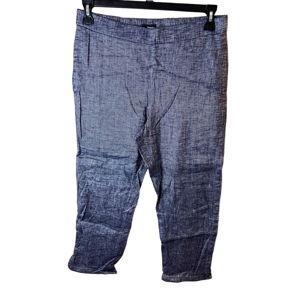 Theory Blue Textured Elastic Waist Cropped Linen Pants Size 10